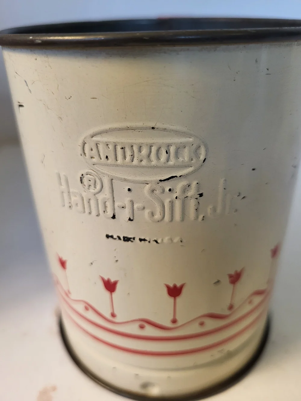 1950s Androck Hand-i-Sift Jr. Flour Sifter Red Tulip